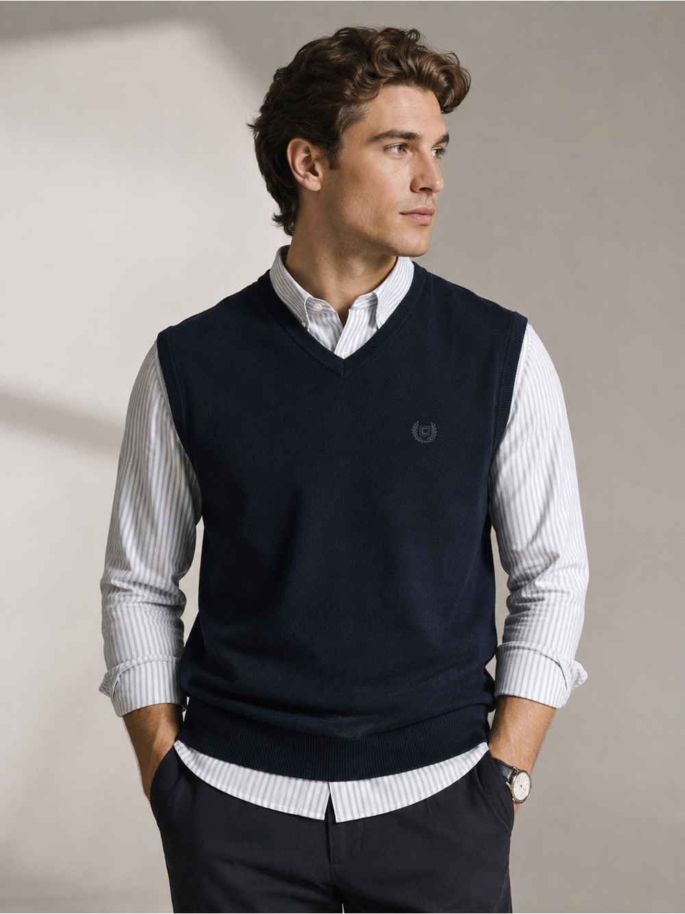 Chaps Men’s Navy Blue Cotton V-Neck Sweater Vest Size L Classic Preppy